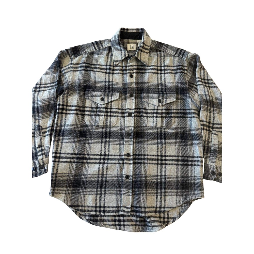 Vintage 90s GAP Wool Blend Heavy Plaid Flannel Shacket Shirt Jacket Gray Mens M
